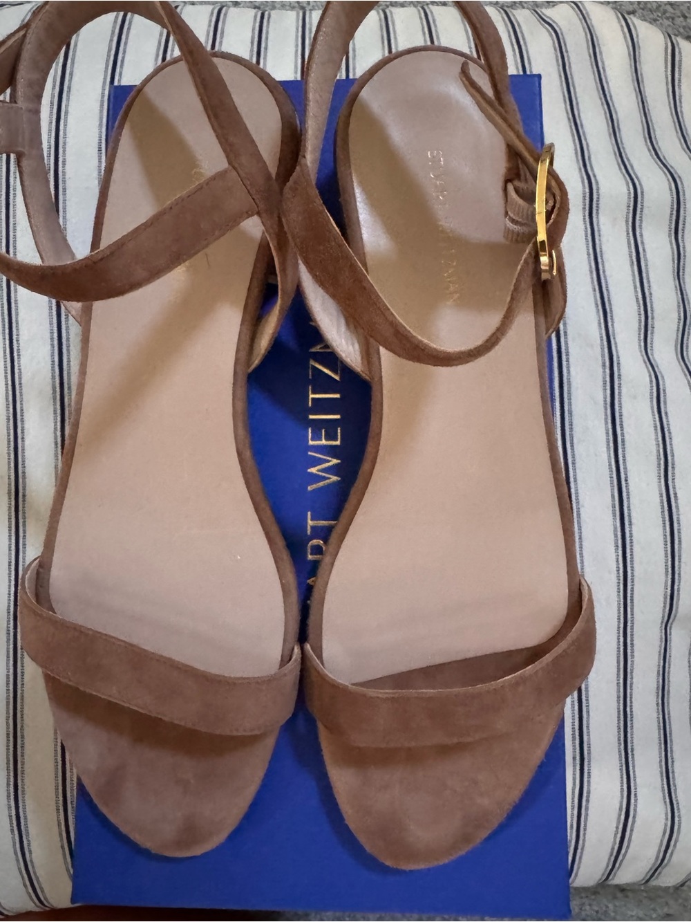 Stuart Weitzman Camel Suede Two-Strap Stacked Heel Sandals